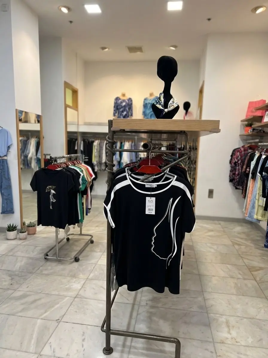 מתלה ברזל בתוך החנות עם חולצות שחורות, ומאחוריו מוטות תלייה עמוסים בבגדים