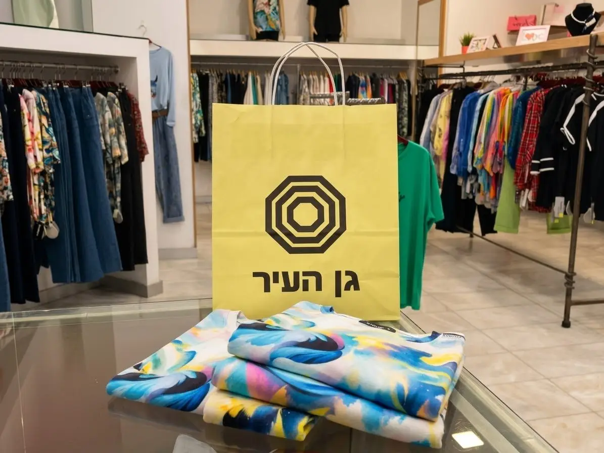 שקית נייר צהובה של גן העיר על דלפק זכוכית ולידה חולצות מקופלות בהדפס כחול-צהוב