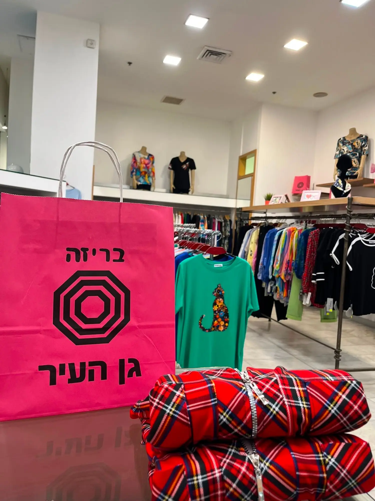 שקית נייר ורודה עם הכיתוב בריזה גן העיר, חולצה ירוקה עם הדפס חתול פרחוני וחולצת משבצות אדומה מקופלת